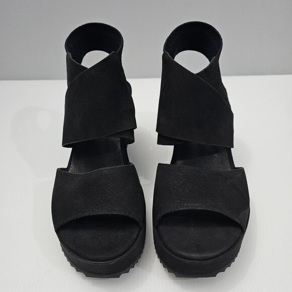 NEW Eileen Fisher Lio Wedge Womens 8.5 Black Leather Platform Sandal Chunky - Picture 4 of 14